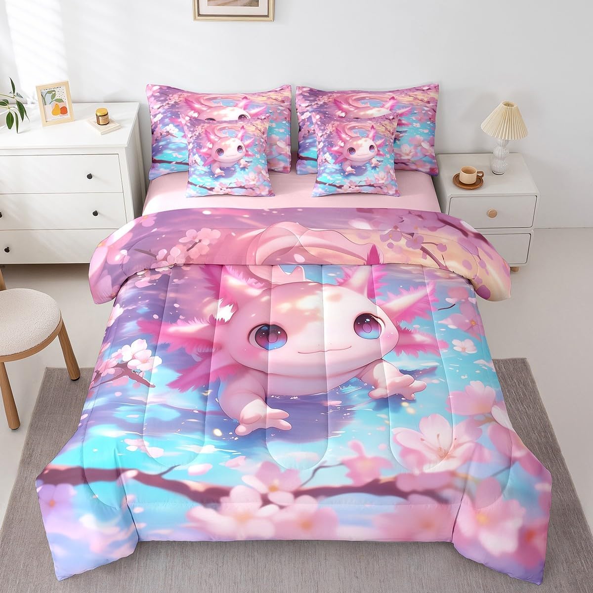 Axolotl Bed in a Bag Kids Kawaii Animals Floral 7 Piece Bedding Set Twin Size Ocean Sealife Comforter Set with Sheets,Pillowcases & Pillow Covers for Women Men Room Decor Soft Botanical