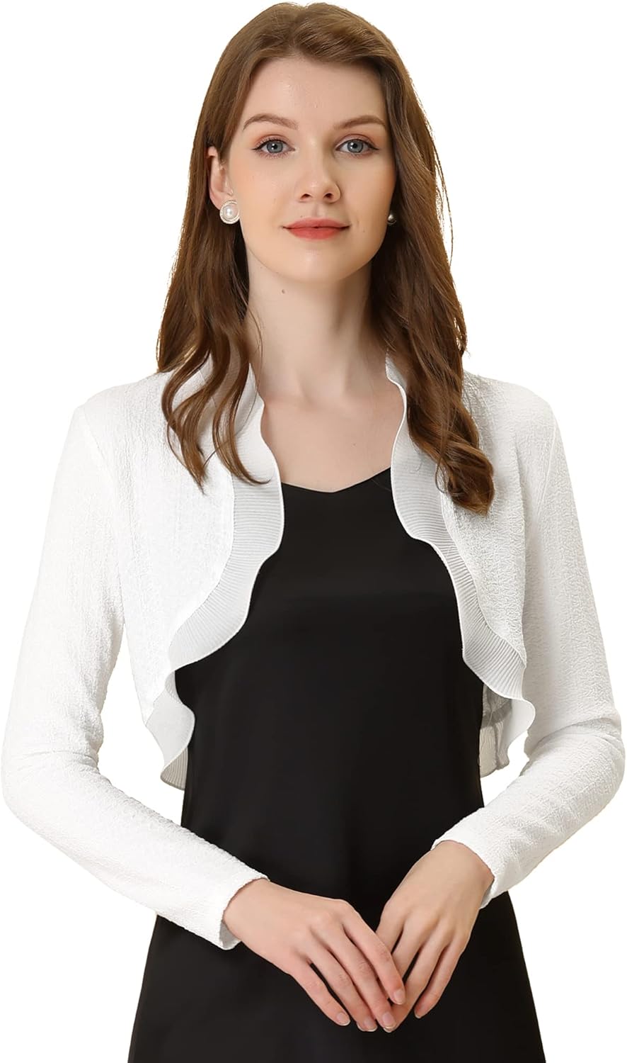 Allegra K Women's Elegant Crop Shrugs for Evening Dress Long Sleeve Textured Open Front Ruffle Bolero Shrug