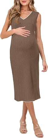 OUGES Womens Sleeveless V Neck Bodycon Casual Maternity Midi Dress