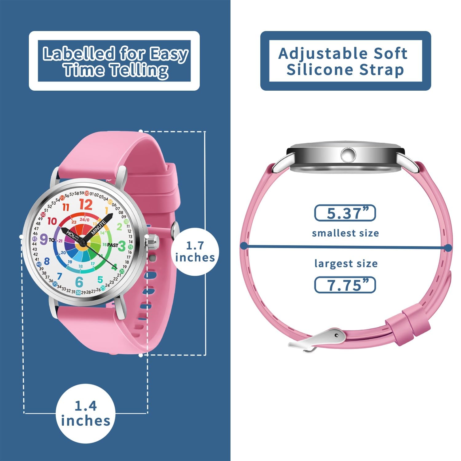 Relojes para niños, reloj de aprendizaje para niños, diana para niños pequeños, tiempo de aprendizaje y hora fácil de leer, reloj analógico para niños y niñas de 3 a 11 años, color rosa