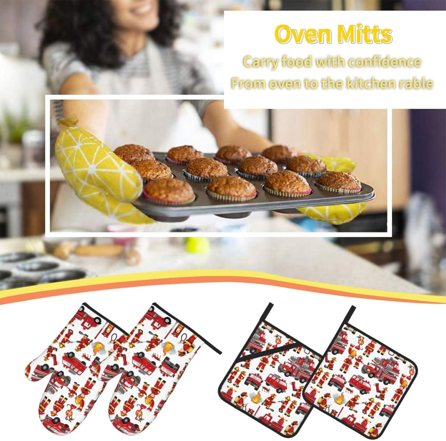 (Little Boys and Girls in Firefighters) Baking 4-Piece Set: 2 Oven Mitts and 2 Pot Holders Heat Resistant Waterproof Hanging Loop for Kitchen Oven Grill Housewarming Gifts