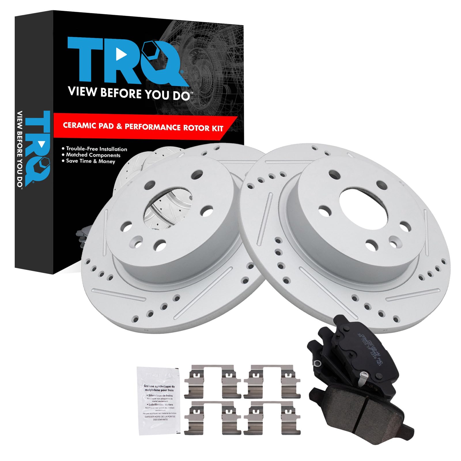 TRQ Performance Rear Brake Pad and Rotor Set Ceramic G Coated Slotted Drilled Rotors Compatible with 2018-2021 Buick Encore Chevrolet Trax