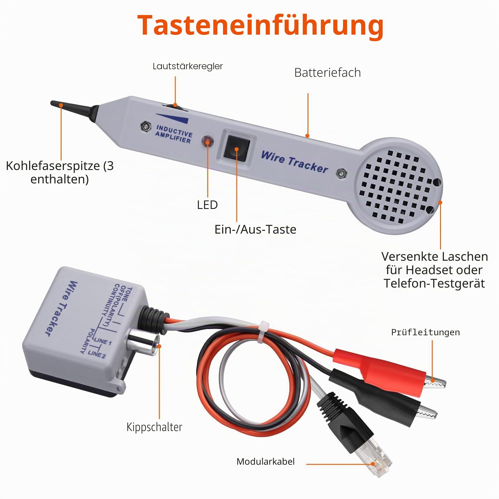 Proster Tongenerator Kit 200EP Professioneller Wire Tracker Hochpräziser Kabeltester Leitungssucher induktiver Verstärker Tastkopfsatz mit einstellbarer Lautstärke für Netzwerkkabel Kollation