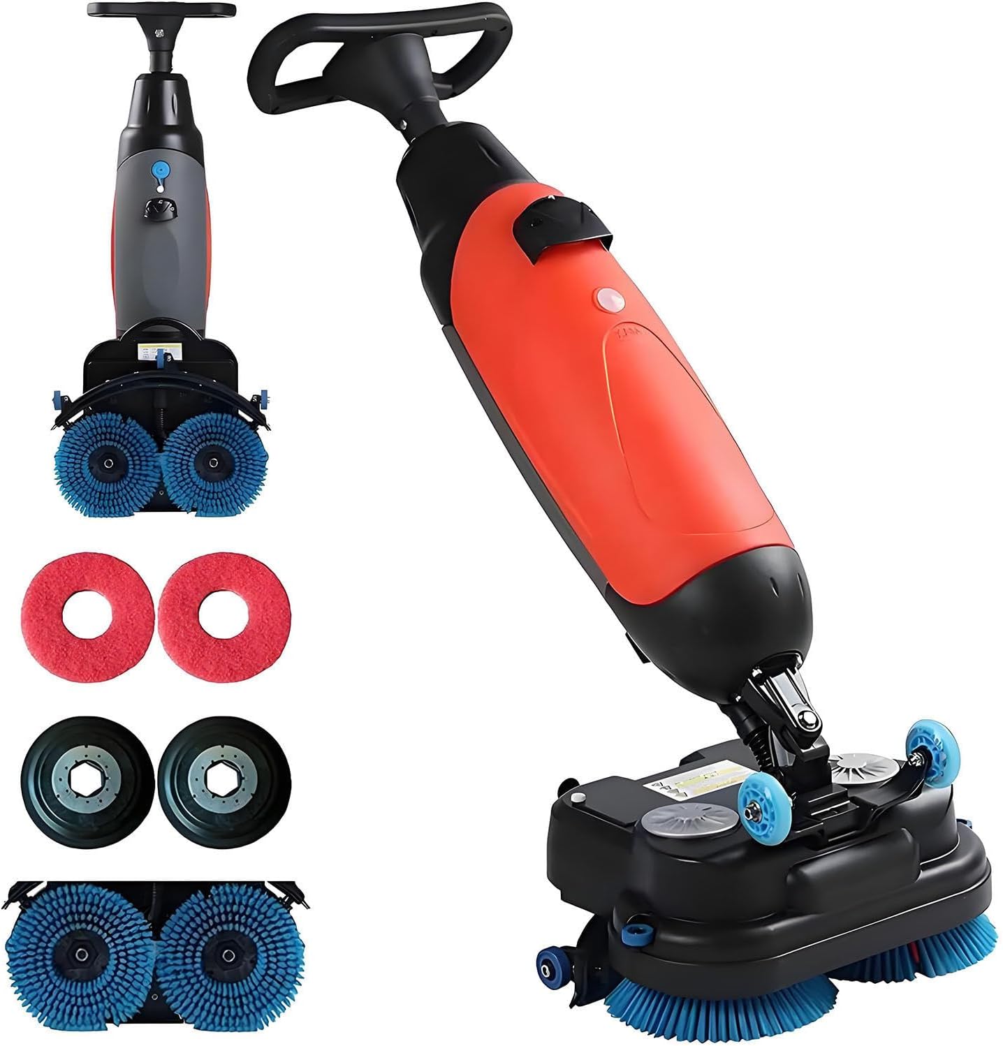 Commercial Electric Floor Scrubber Tile Polisher, Carpet Extractor Power Scrub Brush, 360°Rotating, Self-Propelled, Convenient Cordless. Fits Vinyl, Rubbermaid, Concrete, Luxury Vinyl Floor Red