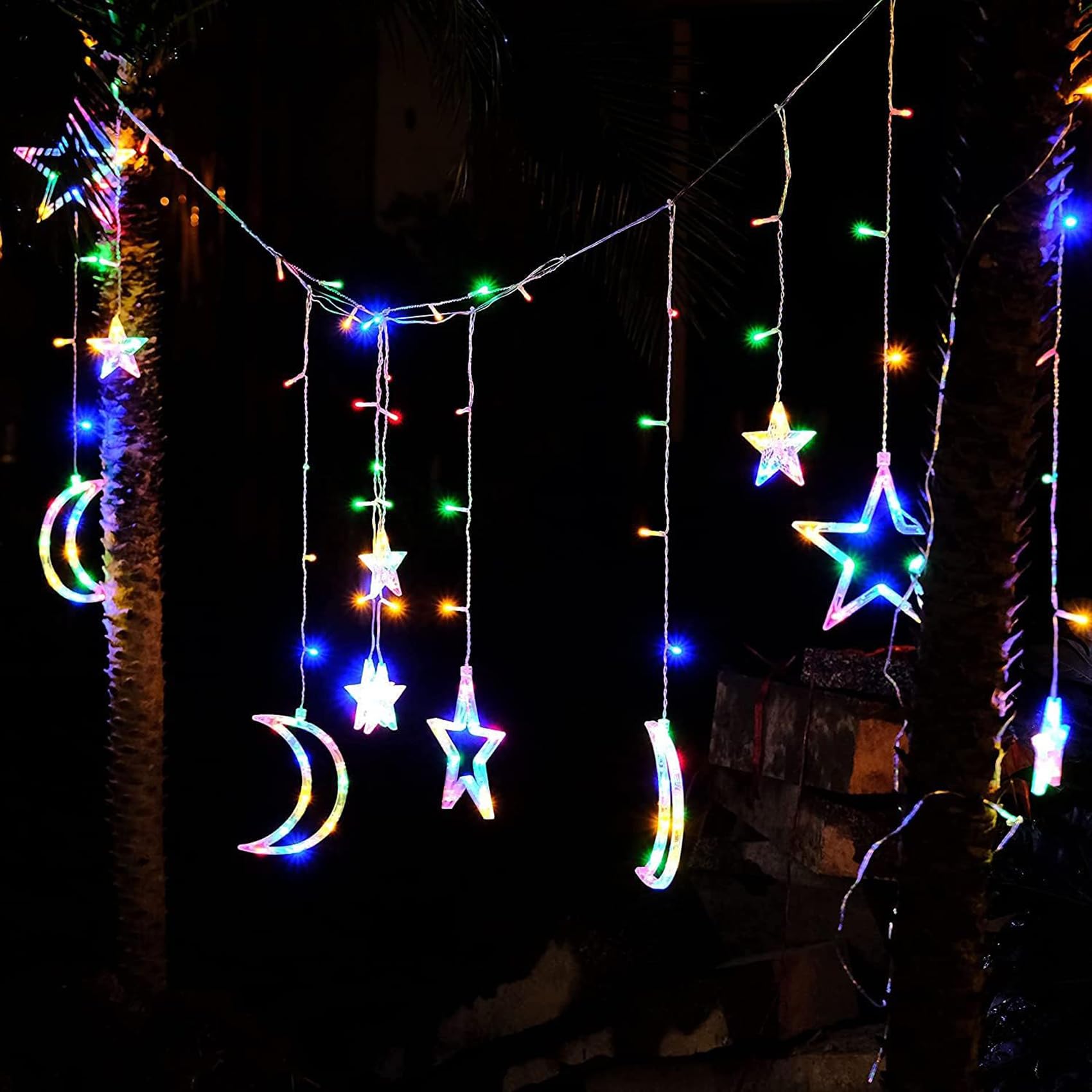 Tenda Luci LED Solare 138 LED Impermeabile Stella Luna Tenda Luminosa con Telecomando, 8 Modalità Illuminazione per Natale, Feste, Compleanno, Matrimoni, Finestra (Multicolore)