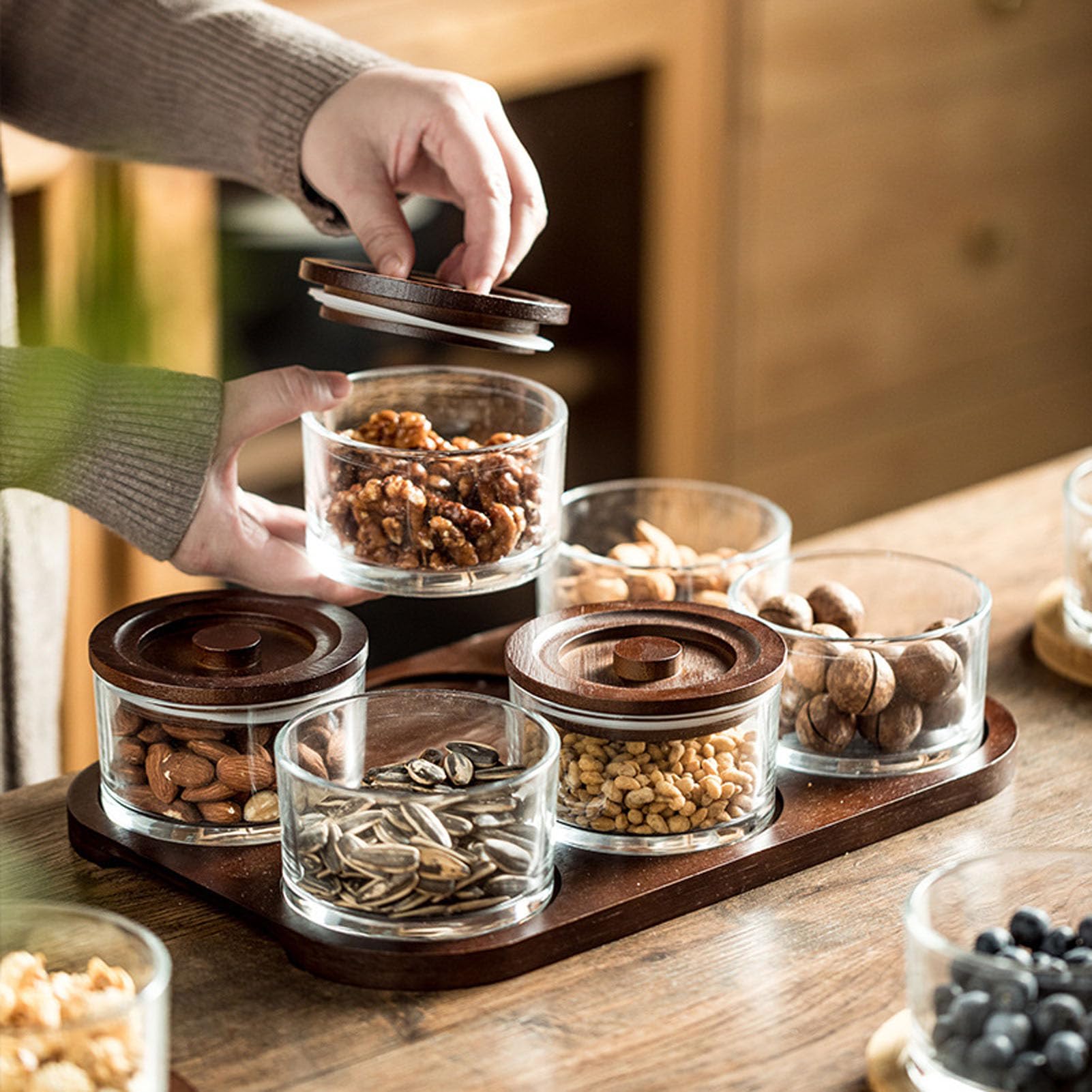 Tarro de grano de café sellado, tarro de almacenamiento de vidrio, bandeja de frutas secas, bandeja de frutas divididas, cuenco de vidrio grueso en sala de estar y sala de té, bandeja dividida sellada | Tarro sellado para granos de café, tarro de almacena