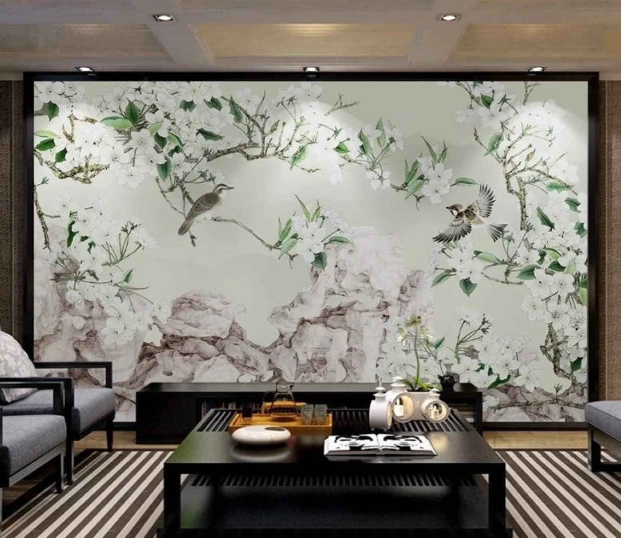 Pinkish and White Flowers Background Floral Chinoiserie Peel and Stick Wallpaper 100''H x 150''W