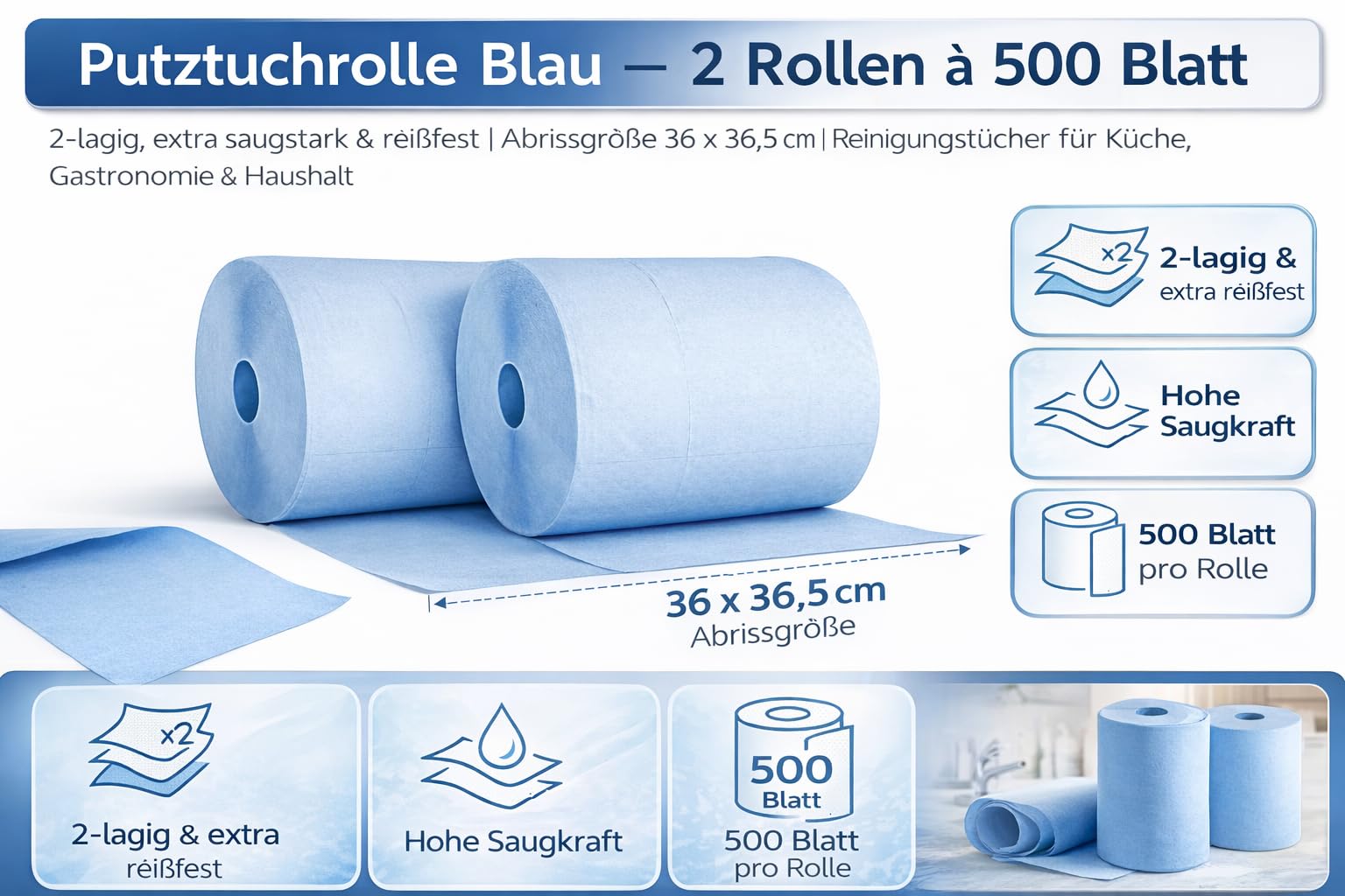 Putzrollen Blau 2-lagig – 2 Rollen à 500 Blatt (1000 Blatt), 36 x 36,5 cm, Industrie Papierwischtücher, saugstark & reißfest, Werkstatt & Gastronomie