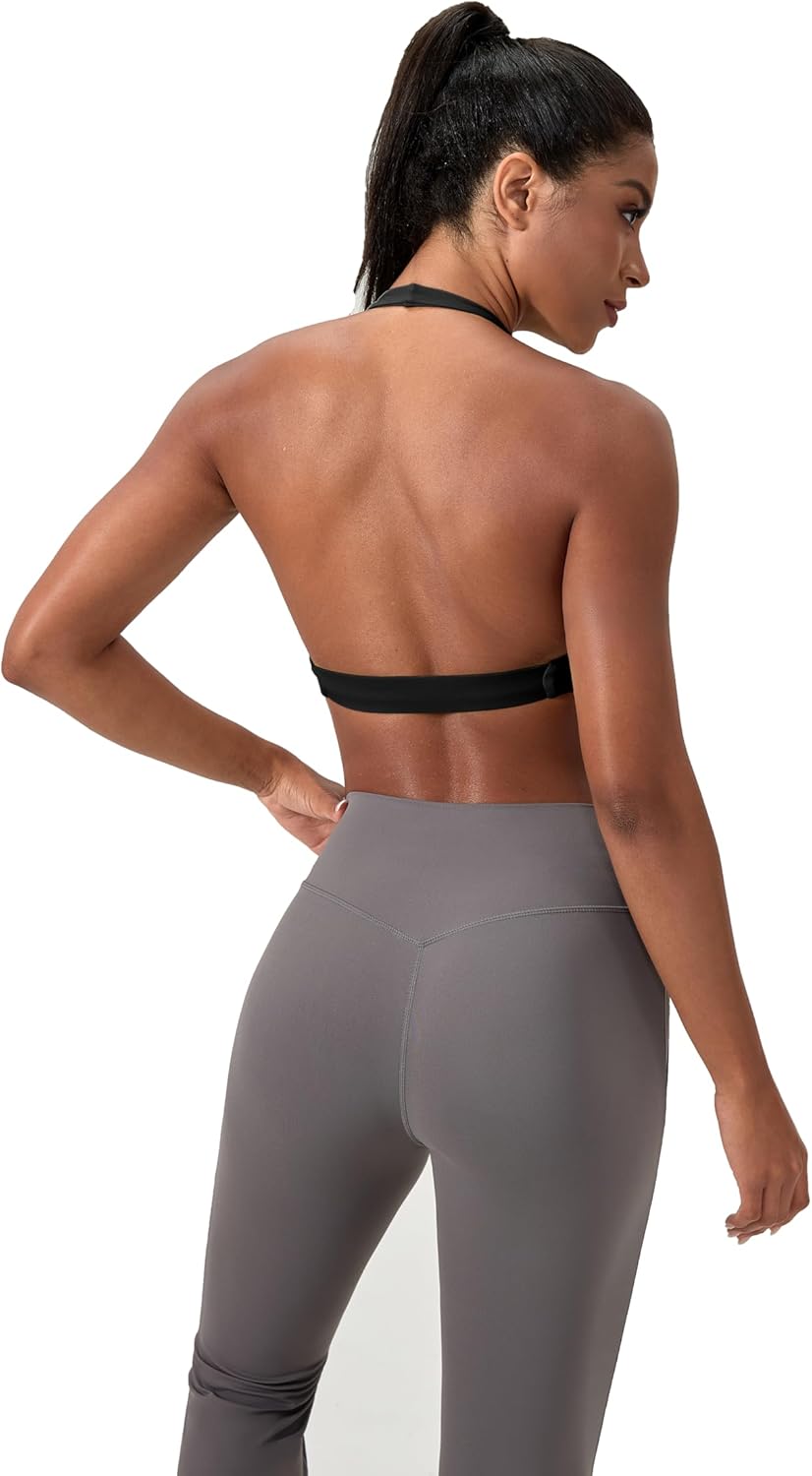 Sports Bra for Women Seamless Halter Padded Yoga Bras Backless Gym Workout Crop Tank with Built in Pads Black - Image 4