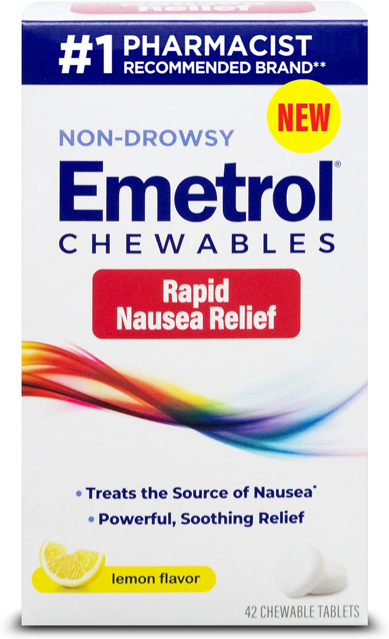 Emetrol Non-Drowsy Nausea Relief - Chewable Medicine for Upset Stomach - Pharmacist Recommended Nausea Relief - Lemon Flavor, 42 Tablets