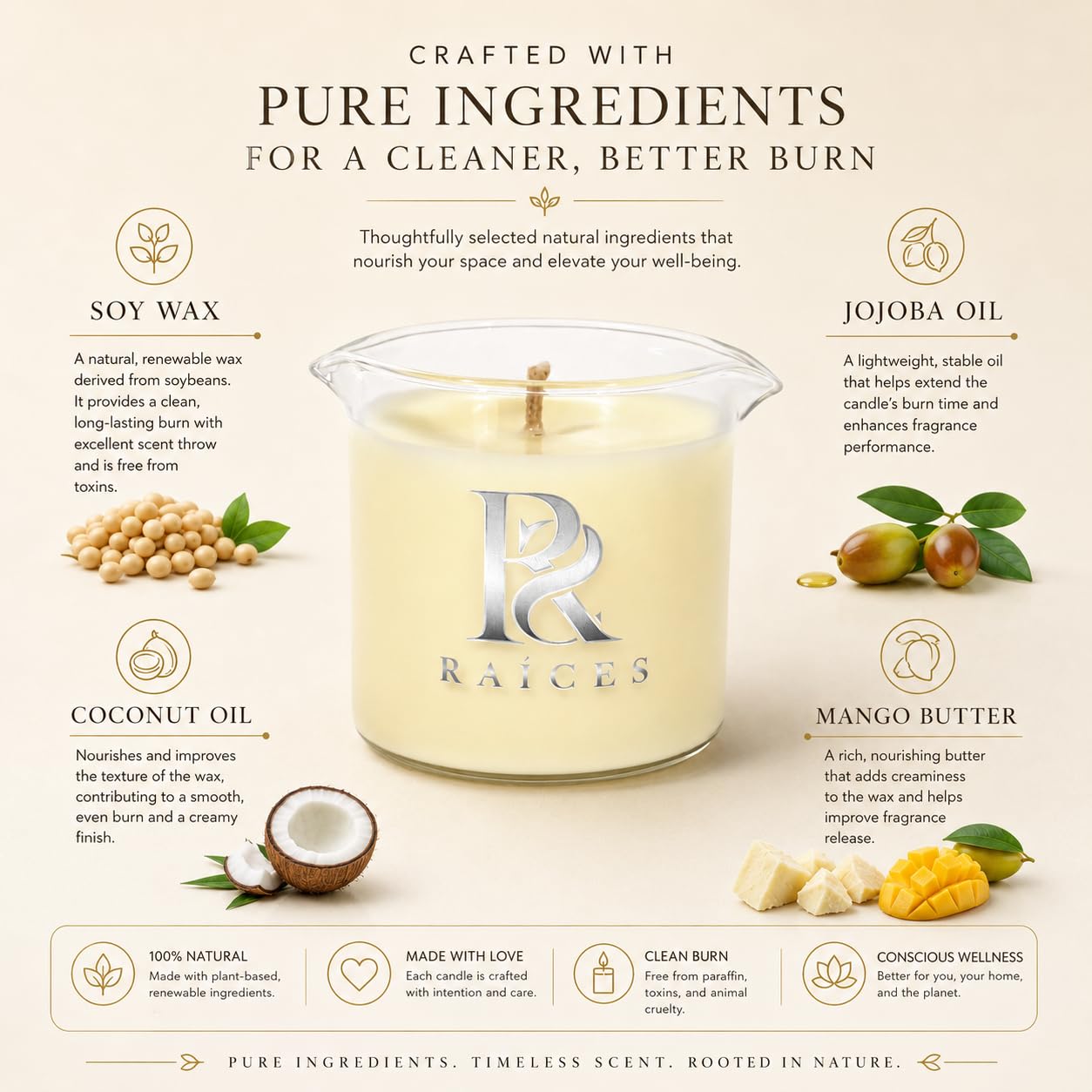 Olio da massaggio per il corpo, olio caldo per il corpo, cera di soia sicura per la pelle, aromaterapia (bergamotto, vaniglia e sandalo), 100 g RAÍCES