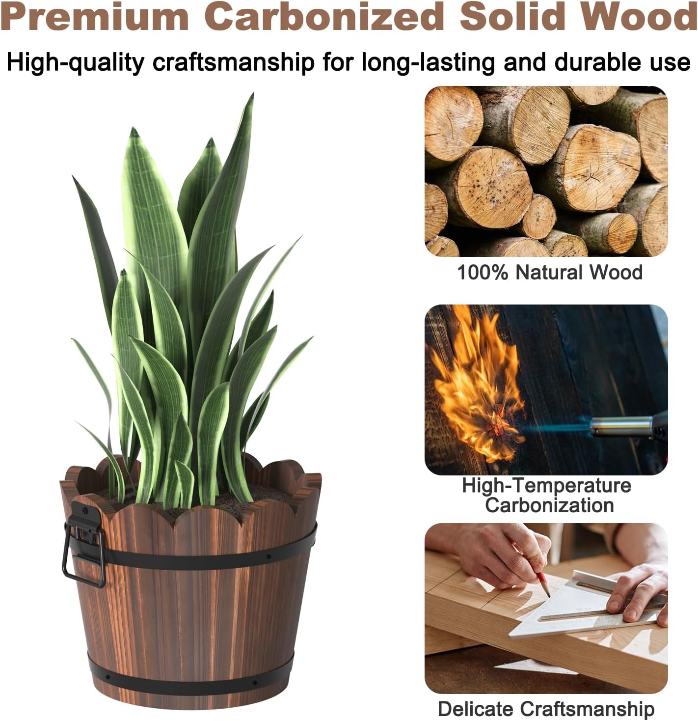 HakkaGirl Wooden Bucket Barrel Planters, Rustic Patio Planters Flower Pots for Plants Indoor Décor, Set of 3