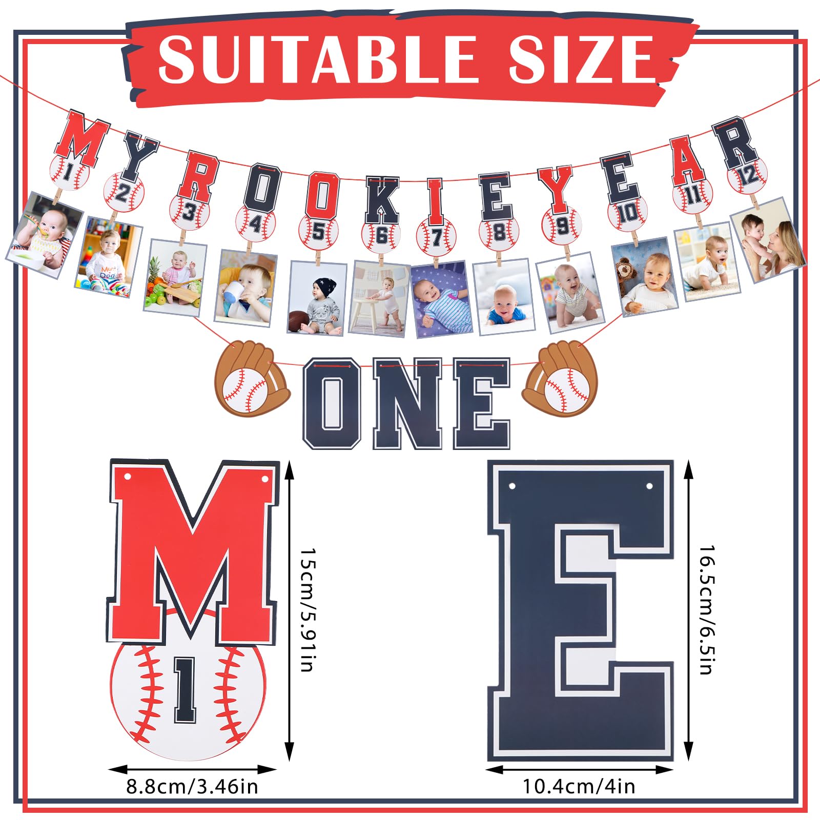 Geyee 2 Pcs 1st Birthday Monthly Photo Banner Rookie of the Year 1st Birthday Banner Year Picture One High Chair Sports Party Supplies Shower Decorations (Baseball)