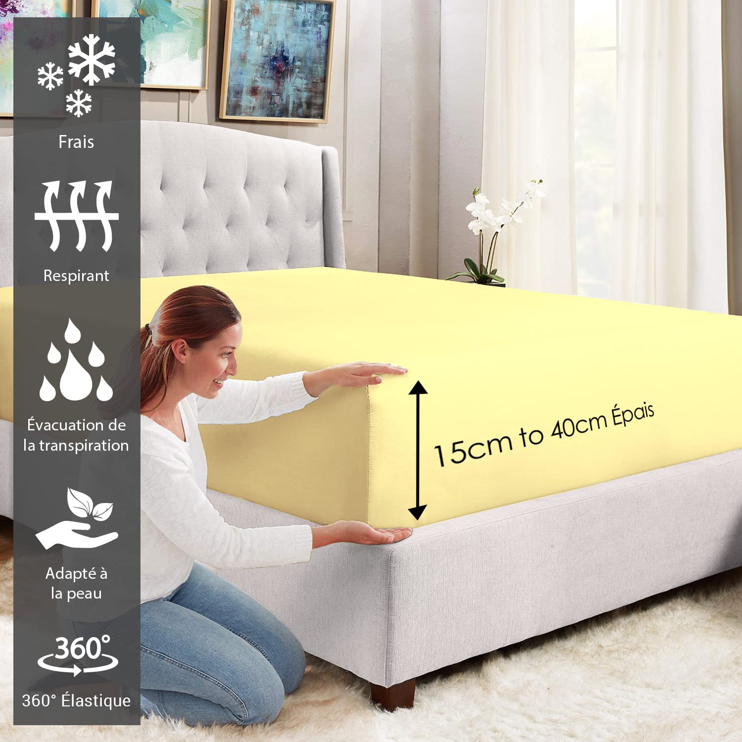 Drap-Housse 140x200 Cm Crème 100% Coton 400 Fils - Pour Matelas Jusqu'à 40 Cm - Oeko-TEX