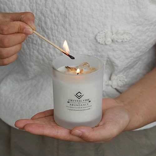 Miniatura 5 de Vela perfumada de jazmín Crystal Vibe con cristales de cuarzo claro y pétalos de jazmín para aromaterapia y meditación - Atrae abundancia - Vela de