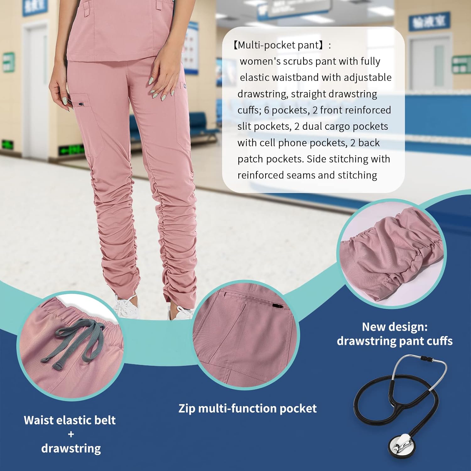 niaahinn Scrub Set Classic V-Neck Top & Jogger Pant Multi-Pocket Medical Uniform for Women