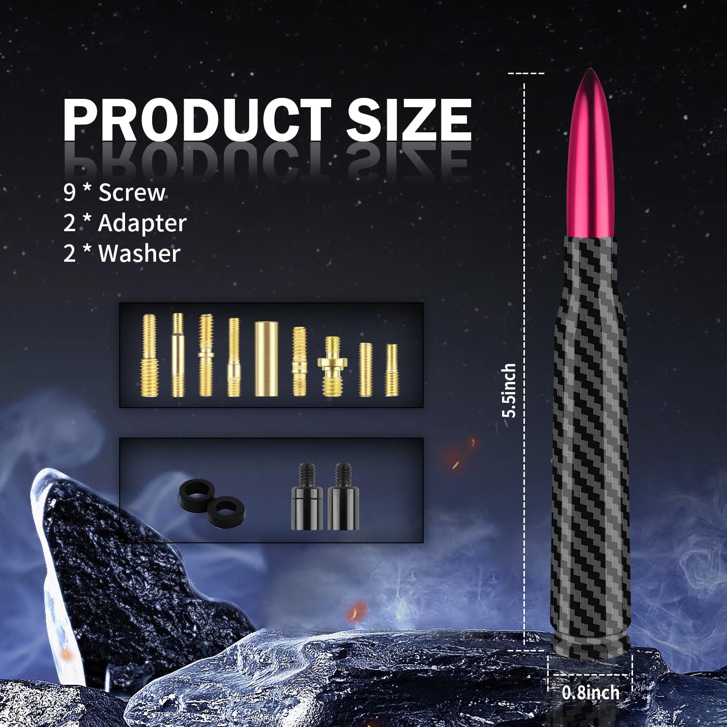 Stacool Car Bullet Antenna with 13 Car Antenna Replacement Accessories,Carbon Fiber Car Antenna for Car Decoration,Truck Antenna Compatible with Chevrolet Dodge Toyota GMC Jeep Ford (Pink)