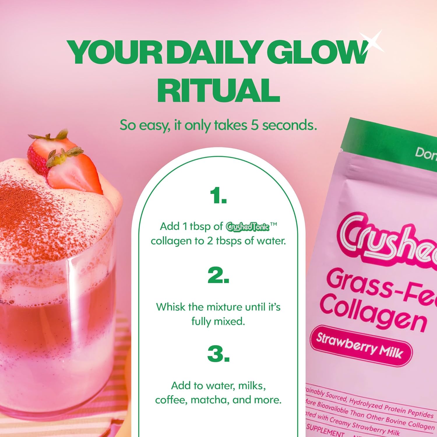 Crushed Tonic Korean Beauty Collagen Powder | Hydrolyzed Bovine Collagen Peptides for Skin Glow, Hair & Nails | K-Beauty Drink | Gluten-Free, Halal & Kosher (Strawberry, 30 Servings (150 g), Pouch)