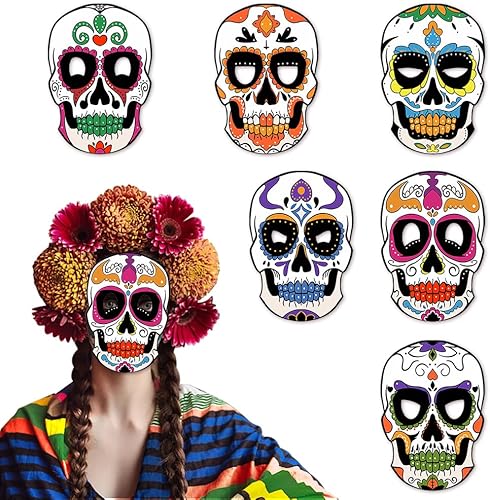 ALIBBON 6 Pcs Day of The Dead Mask Paper Sugar Skull Mask Full Face Mask with Elastic String Halloween Party Supplies