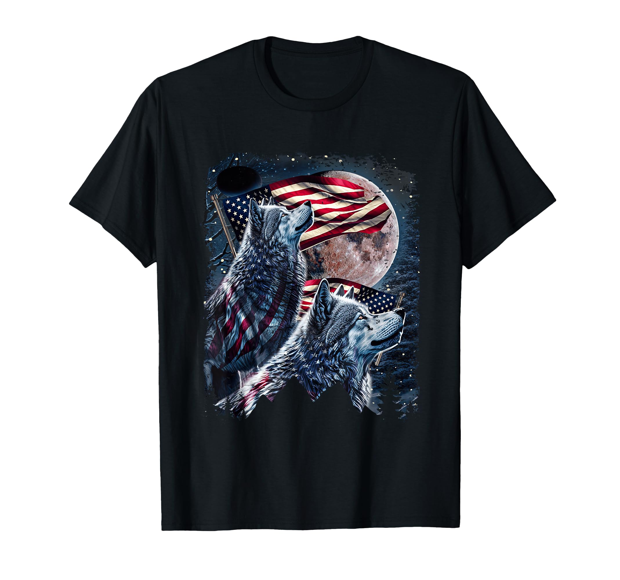Wolf 4th of July American Flag Howling Wolves Under Moon T-Shirt