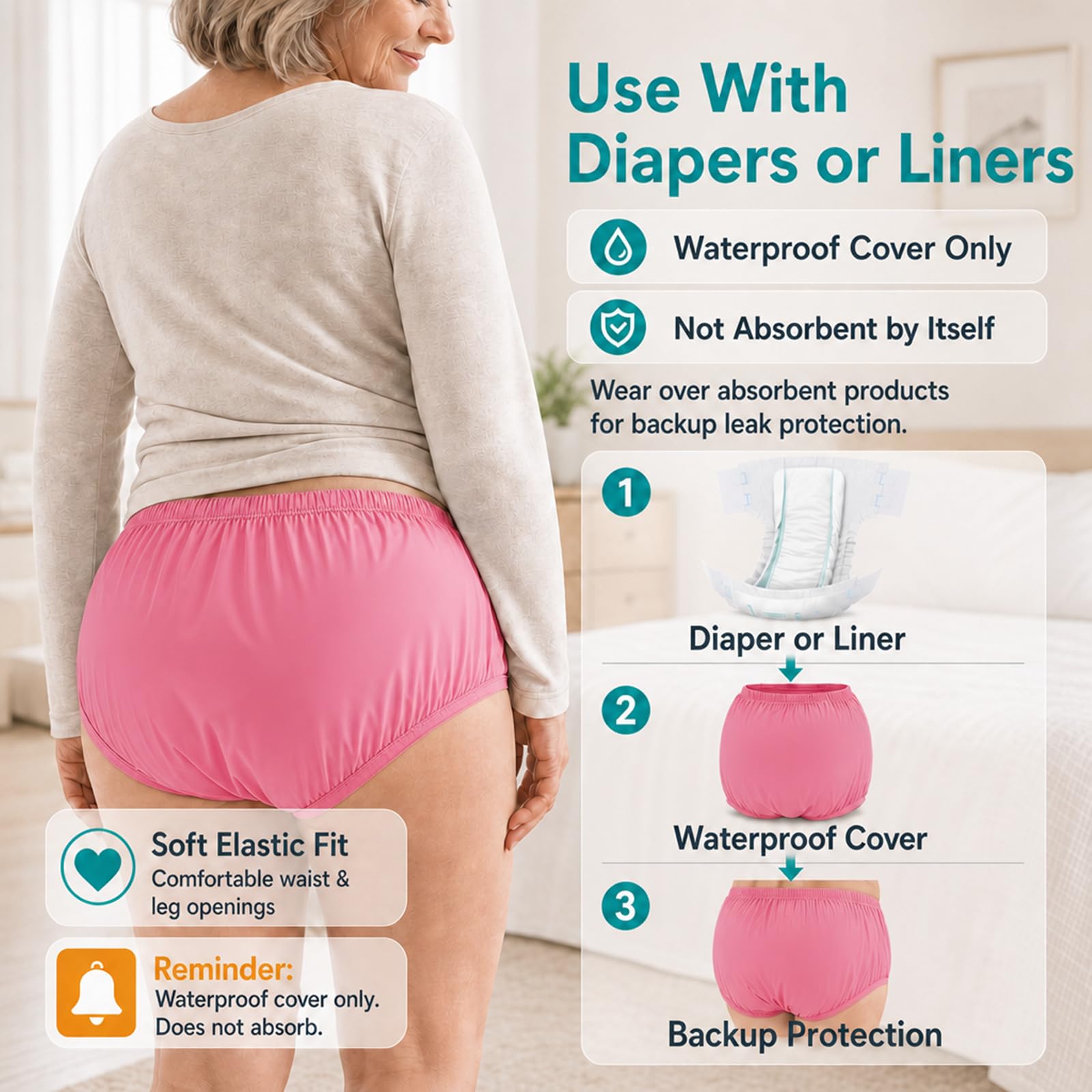 AQX Lot de 2 culottes étanches pour adulte pour incontinence, lavables à faible bruit et réutilisables, en plastique gris, taille M, rose