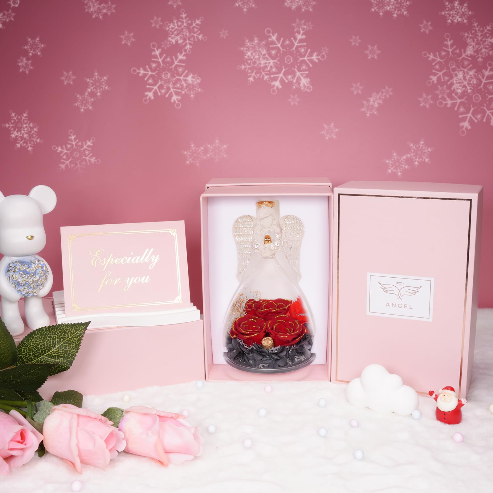 Sunia Cadeau Saint Valentin Femme, Rose Eternelle Cadeau Maman, 3 Fleur Eternelle avec Ange Figurine, Cadeau Anniversaire Femme, Cadeau Maman/Mamie, Ange Gardien Vraie Rose, Cadeau Fete des Grand Mere