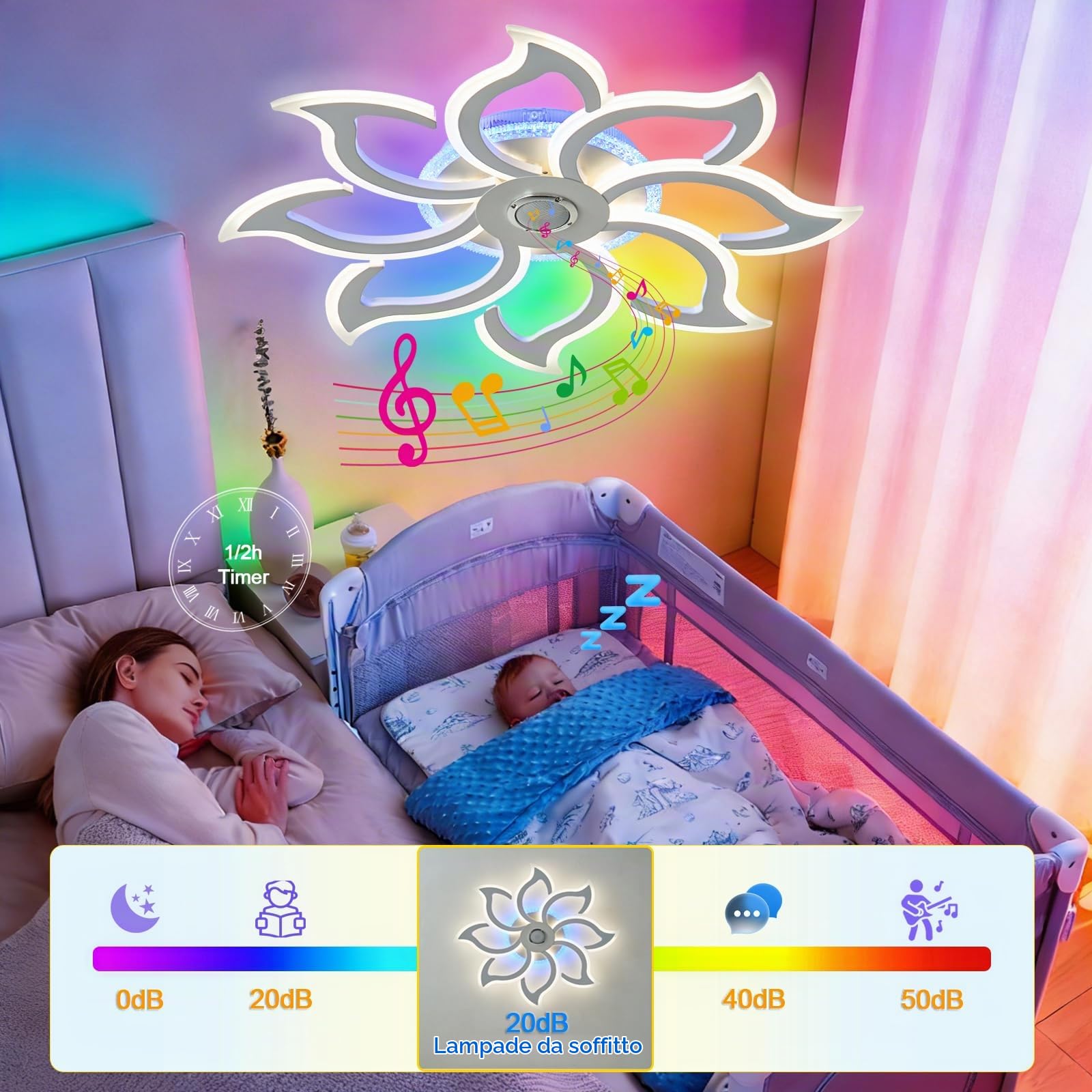 Plafoniera RGB con Altoparlante Bluetooth Lampada da Soffitto a Led 90cm Dimmerabile Per Camera da Letto e Soggiorno con Telecomando e Funzione Memoria Moderne lampadario Fiore con App Bianco