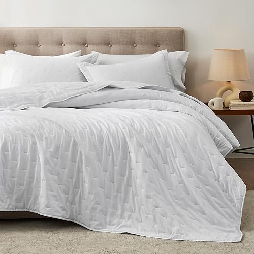 Miniatura 7 de Hansleep Juego de edredón ultrasónico ligero para decoración de cama, colcha para uso en todas las estaciones (línea blanca, matrimonialqueen, 90 x