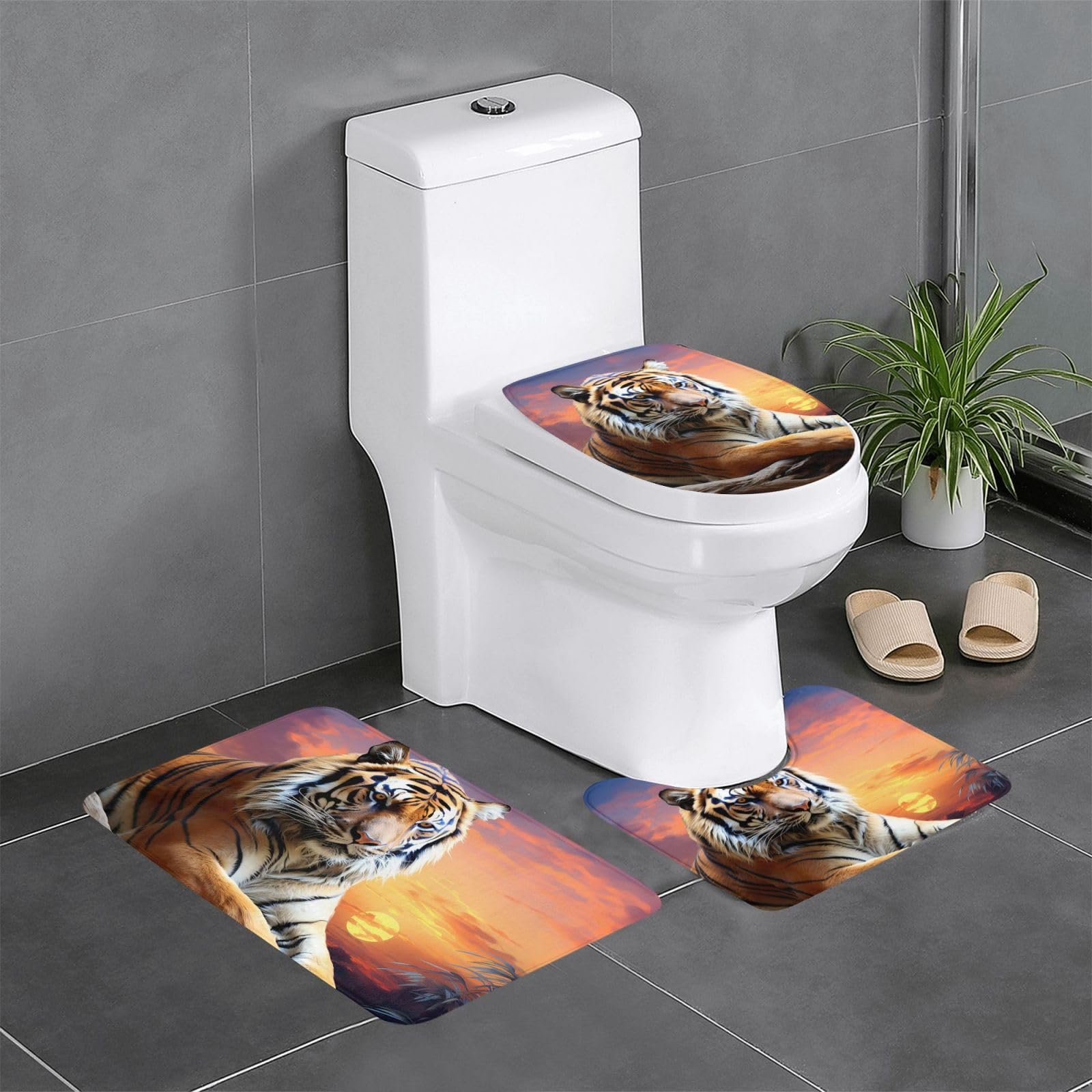 Coucher de soleil coloré avec un tigre sur ensemble tapis de bain trois pièces