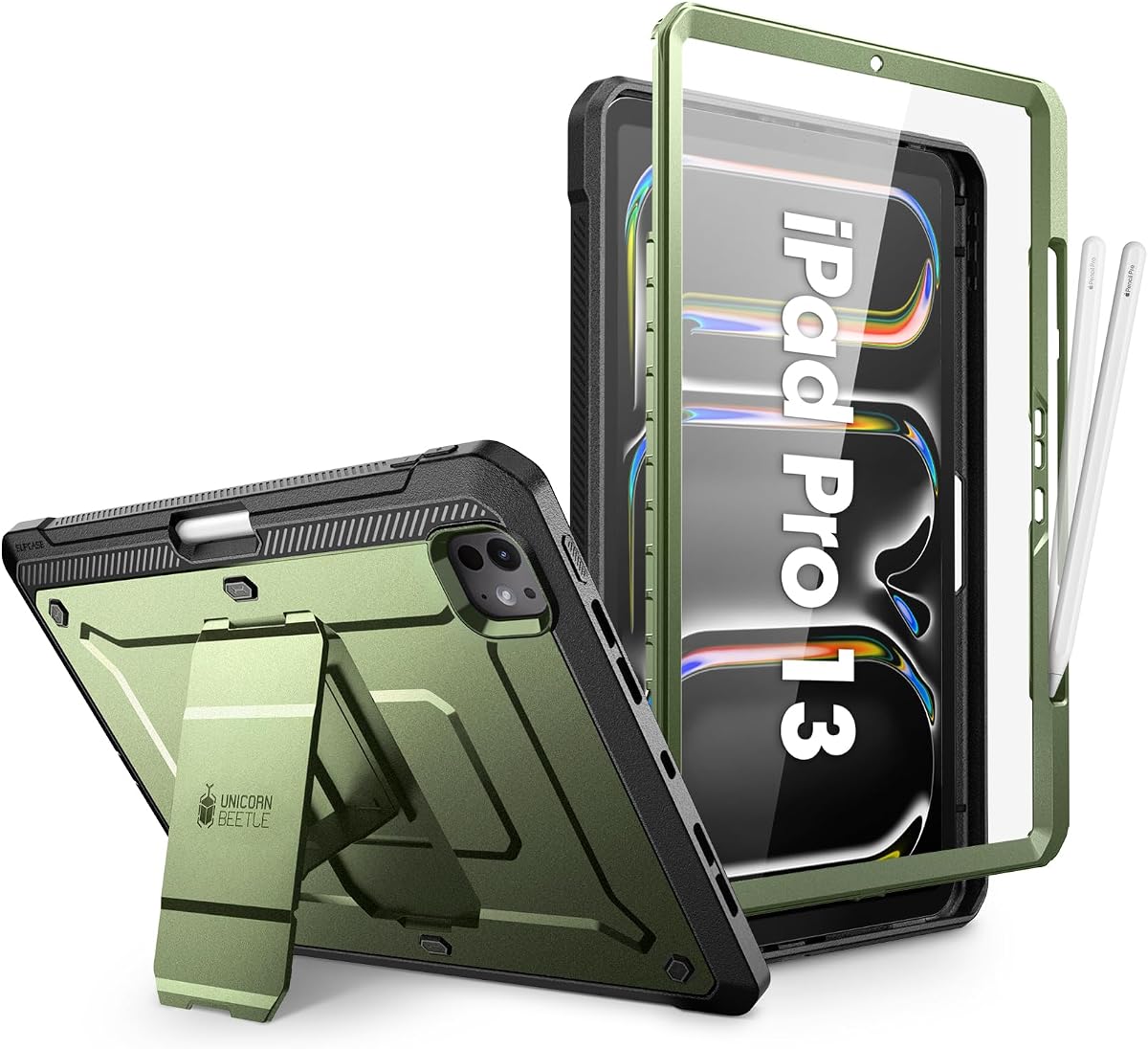 SUPCASE para iPad Pro 13 pulgadas Funda M5/M4 2025/2024 con portalápices Verde | Protector de pantalla integrado, soporte integrado, compatible con carga inalámbrica del Apple Pencil, protección resistente, Unicorn Beetle Pro