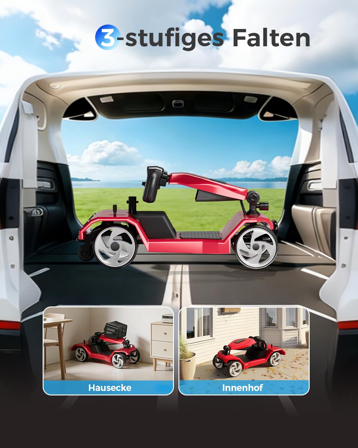 Seniorenmobil Elektromobil Klappbar, E Scooter mit Sitz für Erwachsene, Elektrischer Rollstuhl 250W Motor, 25 km Reichweite, 150 kg Belastung, Rot mit Korb