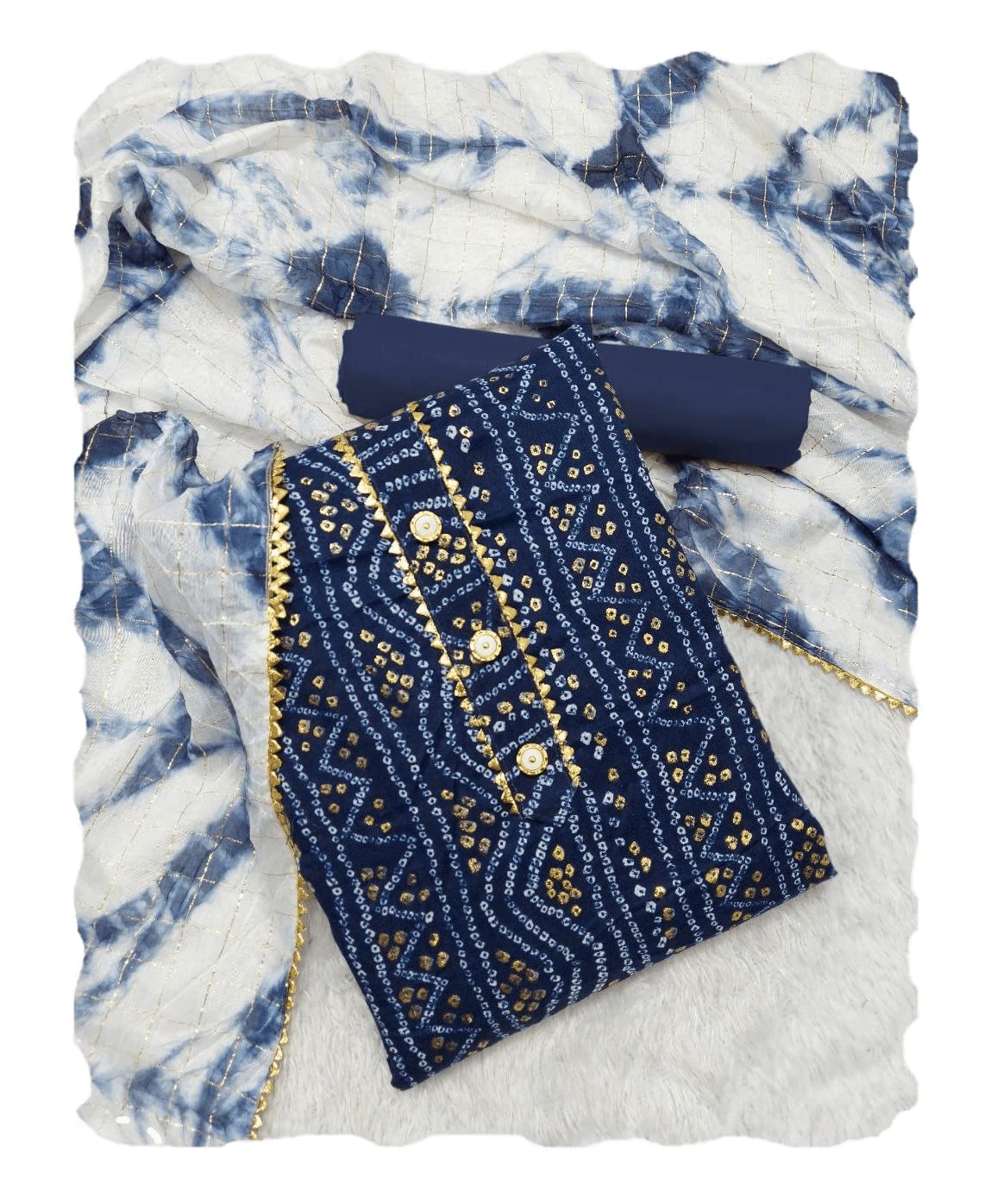 Sidhidata Women's Rajasthani Bandhani/Bandhej Printed Heavy Cotton Blend Unstitched Salwar Suit Dress Material With Chanderi Zari Checks Dupatta (Free Size_Bandhanii)