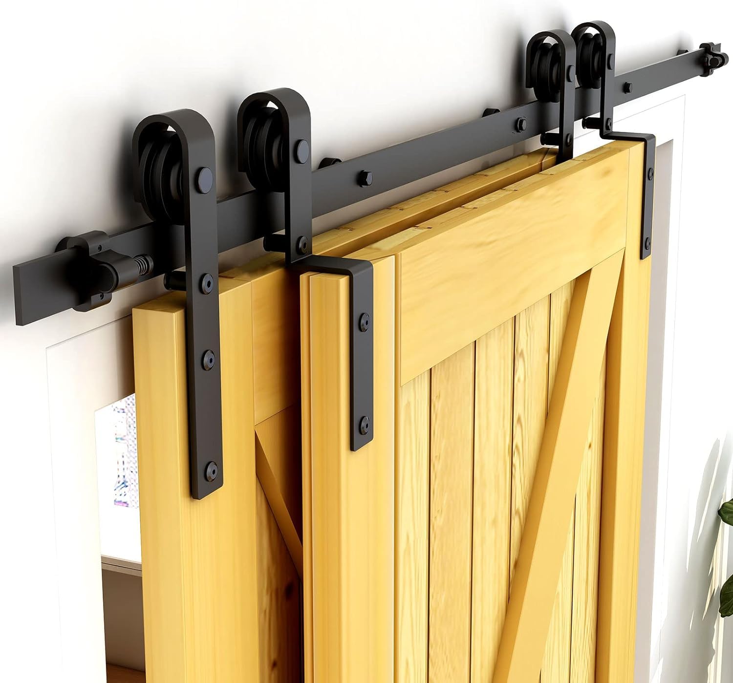 CCJH 10FT/300cm Quincailleri Kit de Rail pour Bypass Double Porte Coulissante (Rail simple) Noir Système Porte Coulissante Interieur - Forme J Rouleau Set