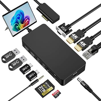 Quanlex Dual HDMI+VGA Dock Works Devices - 12-in-1 Triple Display Docking Station for Pro 12/11/10/9/8/X/7/6/5/4, Laptop, Go, Book