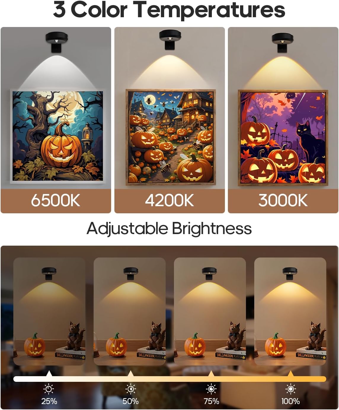 Picture Lights for Wall, 2200mah Rechargeable Wall Lights with Remote, Wireless Poster Lights with 3 Colors, Dimmable Timer Painting Lights for Wall, Picture Frame, Halloween (3 Pack)