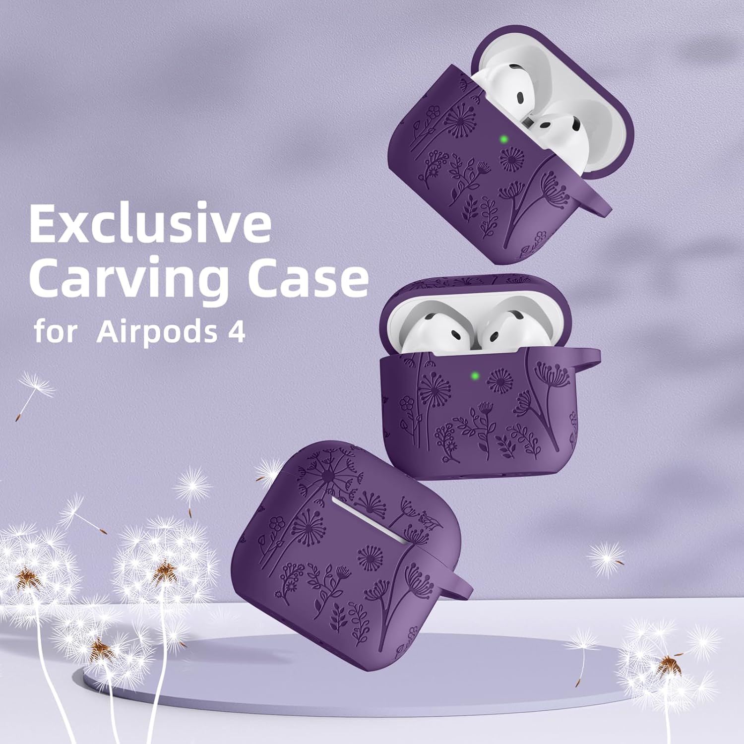 Lerobo for Airpods 4 Case Cover with Cleaner Kit, Stylish Flower Engraved Silicone Shockproof Case Cover with Keychain Compatible with Apple Airpods 4 Case 2024,Front LED Visible, Purple A-Purple AirPods 4 Case