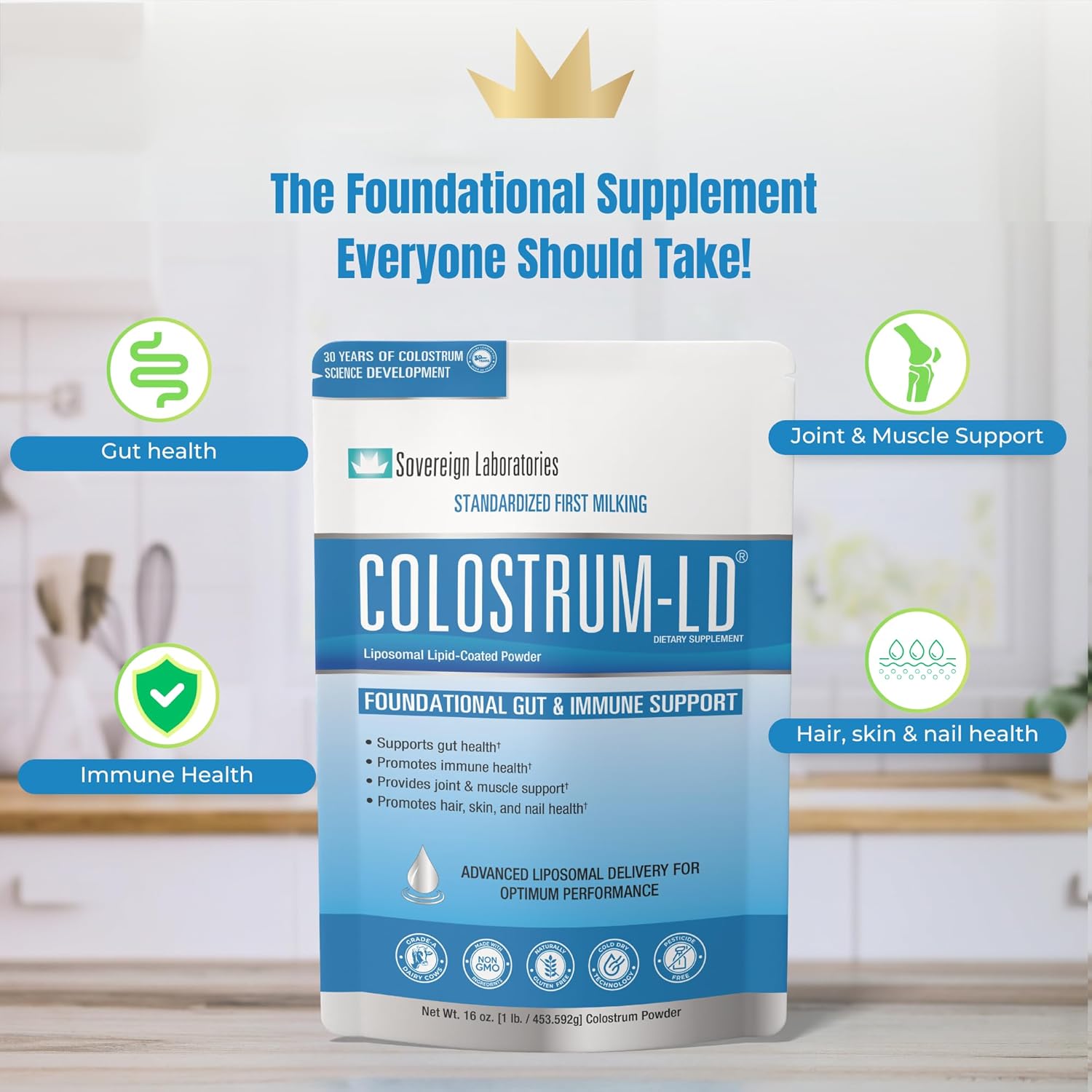 Sovereign Laboratories Colostrum-LD Liposomal Delivery - Colostrum Powder - Gluten-Free, Lactose-Reduced - 90 Servings 16oz Plain