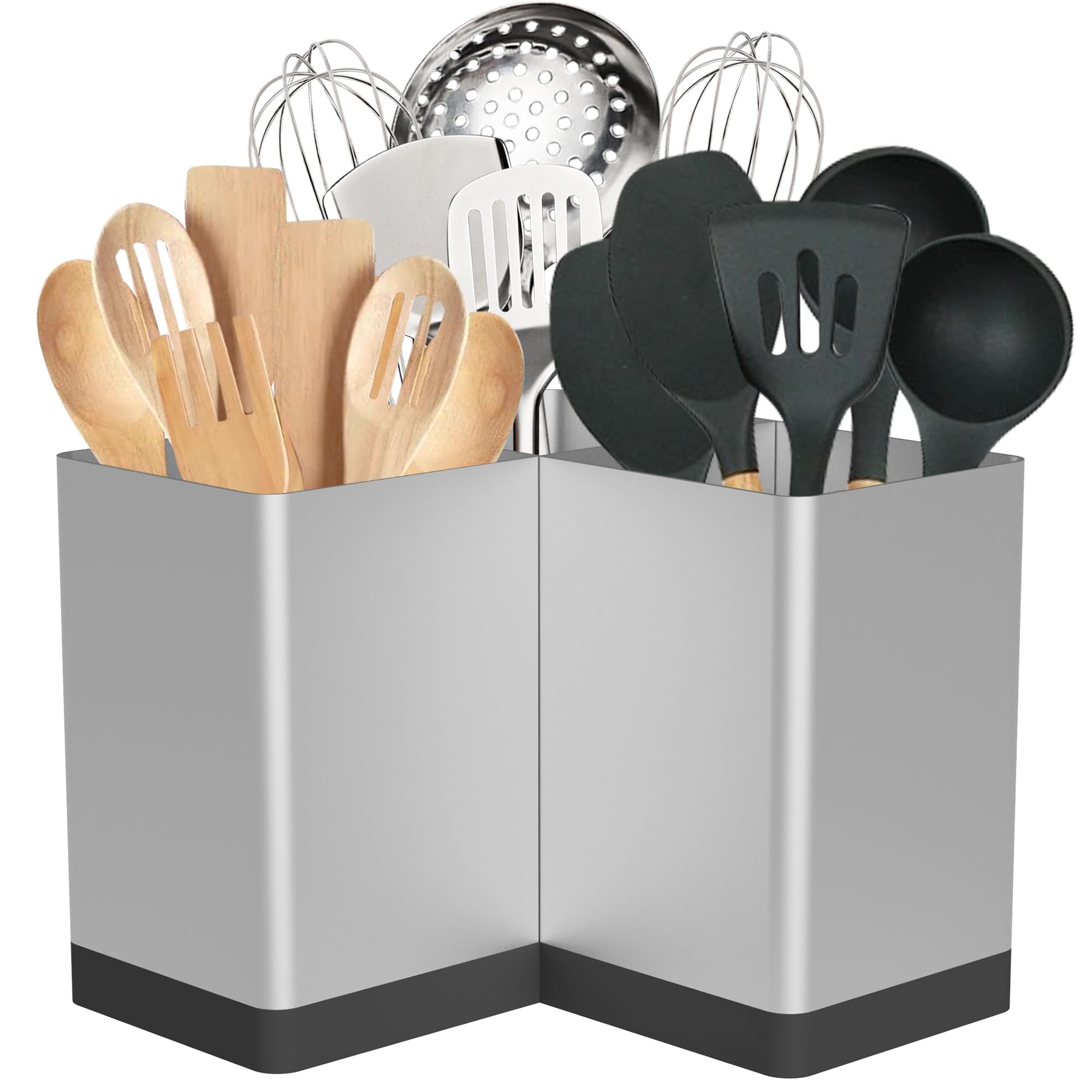 Suli Porte-ustensiles de cuisine extra large avec 3 compartiment,métal,Argenté