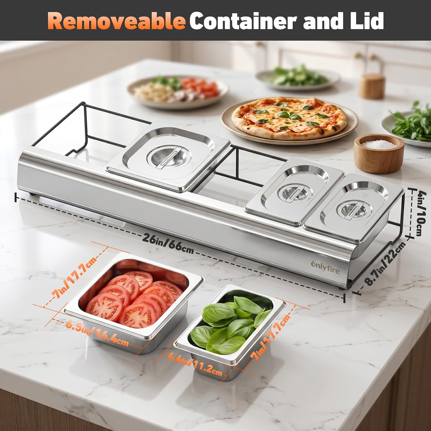onlyfire Pizza Topping Station, Stainless Steel Removable Ingredient Seasoning Containers, Condiment Serving Container Pizza Oven Accessories for Grill Table Cart, Kitchen and Outdoor Pizza Oven