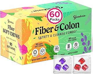 Fiber Gummies & Colon Gentle Cleanse, 180 Soft Chews 12g Fiber Supplement & Colon Gut Cleanse for Women Men, with Psyllium Husk, Senna, Probiotics, for Detox, Digestive Constipation Relief, Gut Health