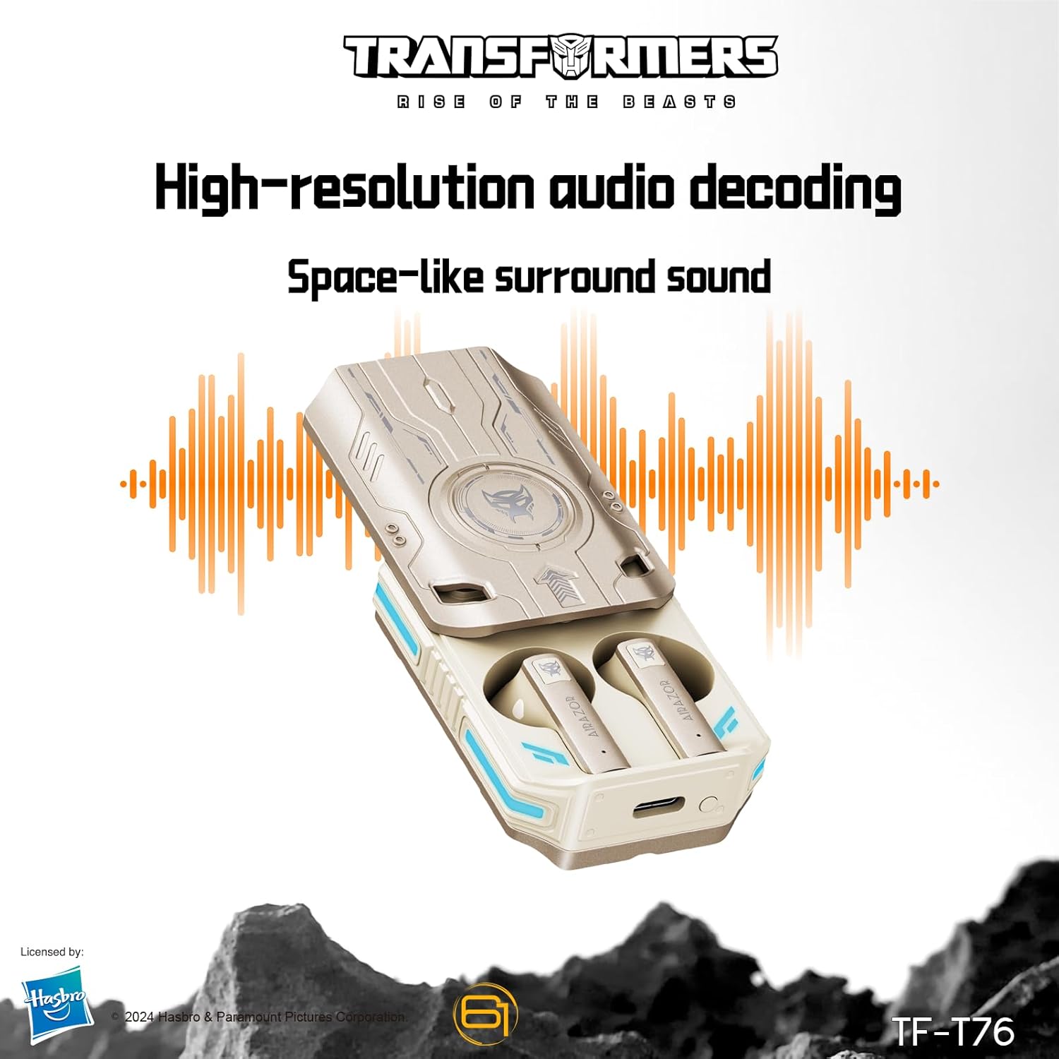 Transformers TF-T76 True Wireless Bluetooth 6.0 Earbuds with Mic, Mecha Zinc Alloy Armor Case, Low-Latency Game/Music Modes, Hi-Fi 13mm Drivers, HD Calling, 40H Total Playtime (Airazor Beige)