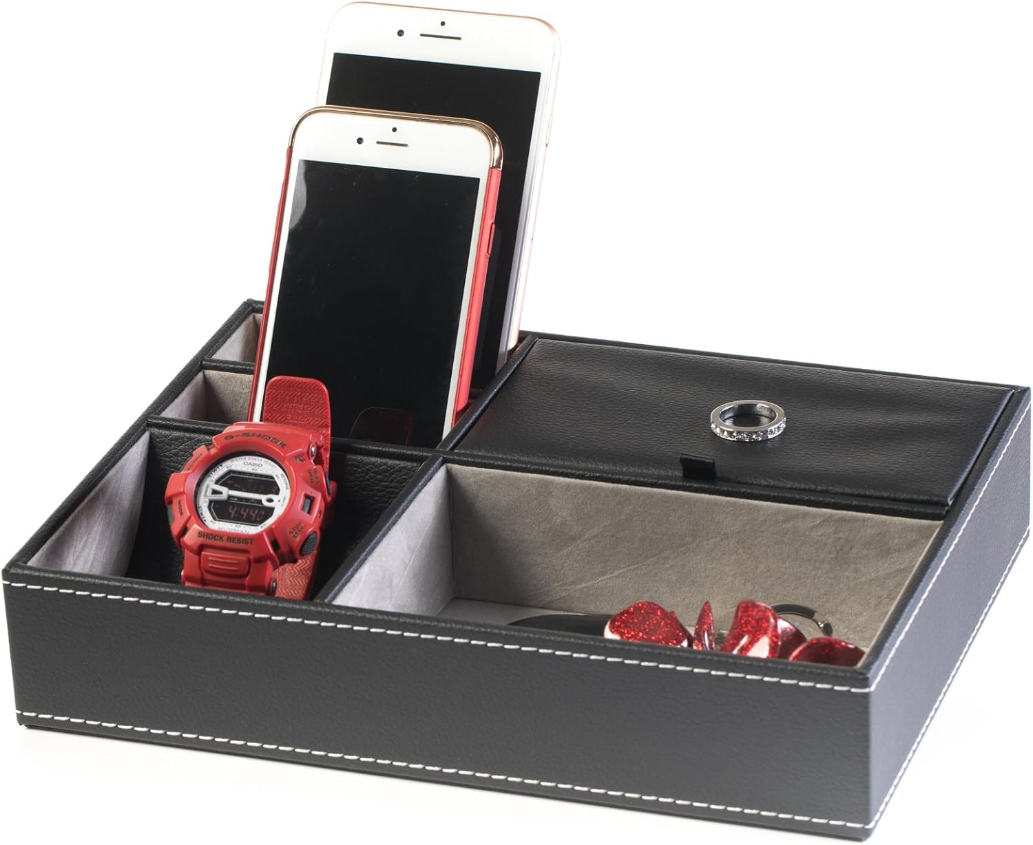 Huji Men's Black Leatherette Valet Jewelry Tray Display Showcase Insert Liner Organizer 5 Compartments Desk Car Home Dresser Keys Phone Wallet Coins image 2