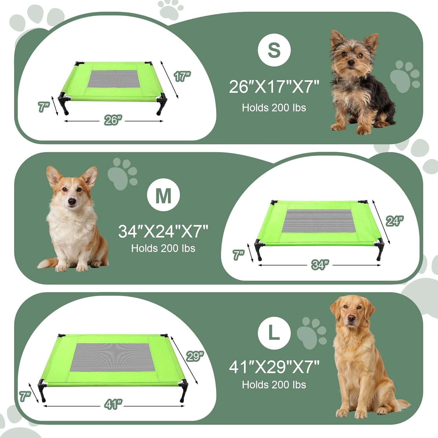 Elevated Dog Bed for Large Dogs - Outdoor Cooling Cot with Washable Breathable Mesh, Portable Raised Pet Bed with Non-Slip Feet & Waterproof Teslin, Heavy Duty & Chew Proof for Camping (Green, Small)