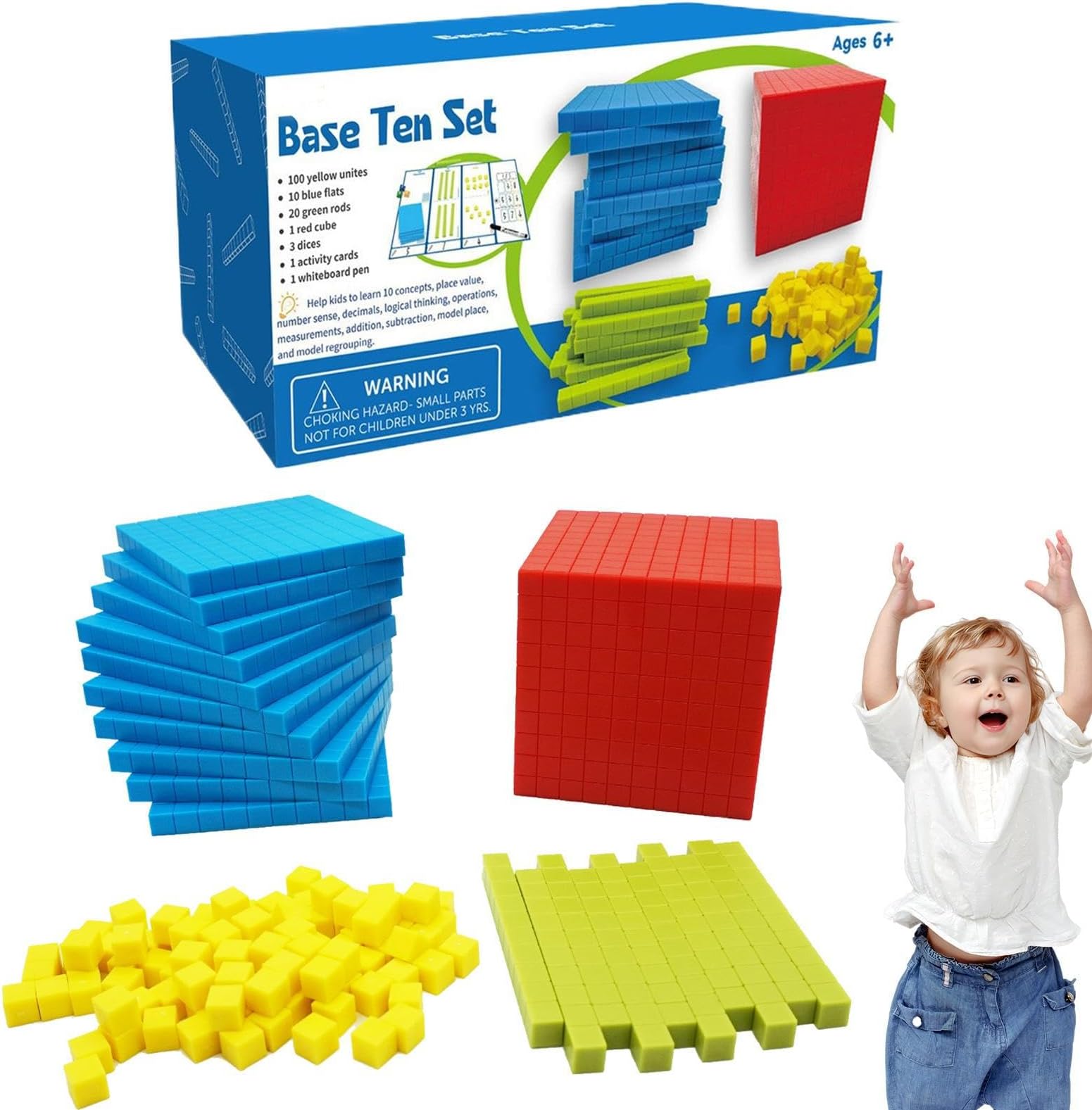 Base Ten Blocks, Math Manipulatives Learning Toy Set, Preschool Counting Cubes & Place Value Blocks, Hands On Number Concept Training, Educational Math Game for Kids Classroom Homeschool Teaching Aid