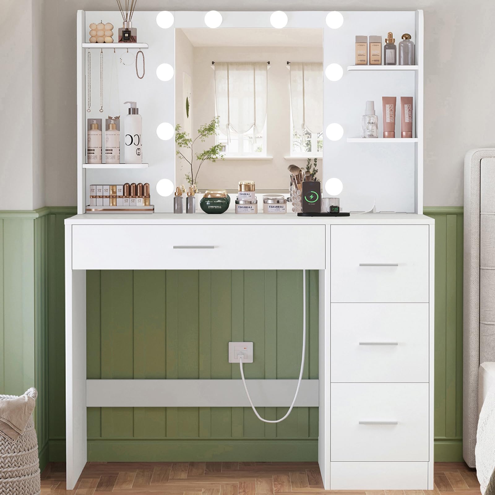 TEENFON Tocador, Tocador de Maquillaje con Luces y Espejo, Mesa de Maquillaje con Toma de Corriente, Mesa de Maquillaje con 4 Cajones, 4 Estantes Abiertos, 5 Ganchos de Joyería para, Blanco