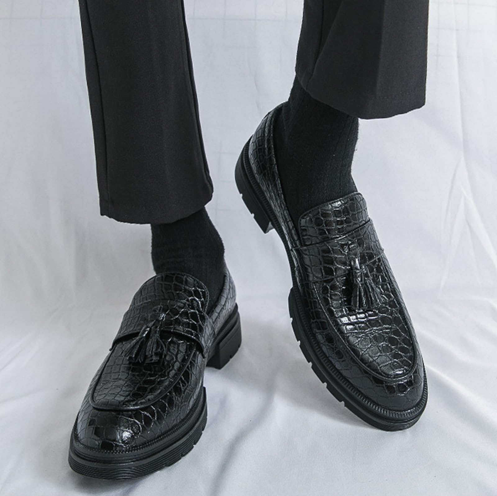 Mocasines con Borlas para Hombre Zapatos de Vestir Piel Sintética PU Cocodrilo Elegantes Casual Negocios