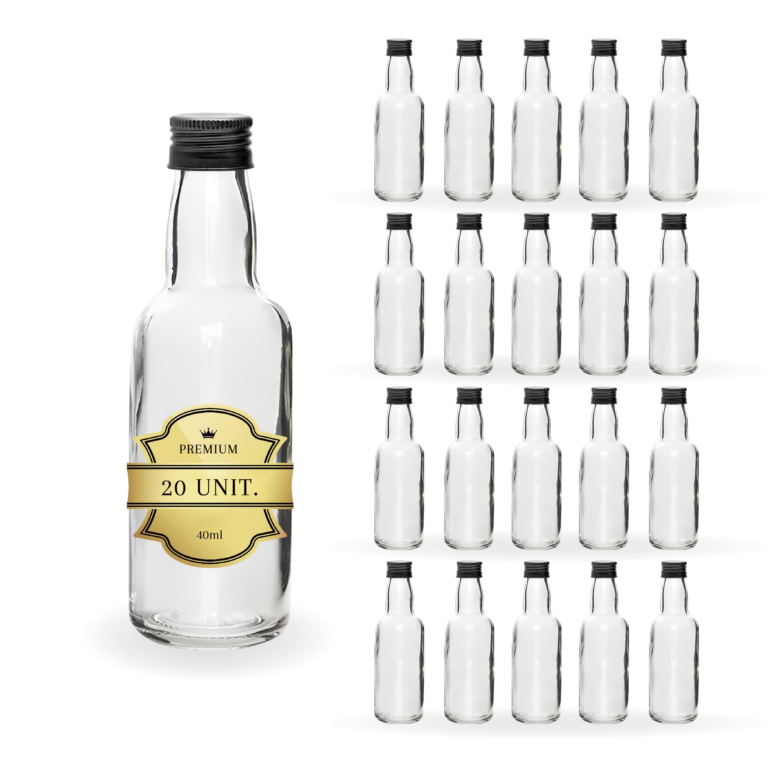 20 Mini Bouteilles en Verre 40ml avec Bouchon Vis Noir Espirito Rebelde