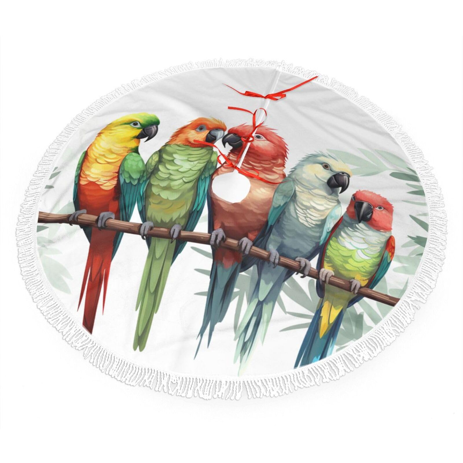 Colorful Parrots On Tree Christmas Tree Skirt 30", Soft Plush Xmas Tree Carpet with Tassel Christmas Ornaments Winter Holiday Tree Mat Decoration for Home Party Supplies
