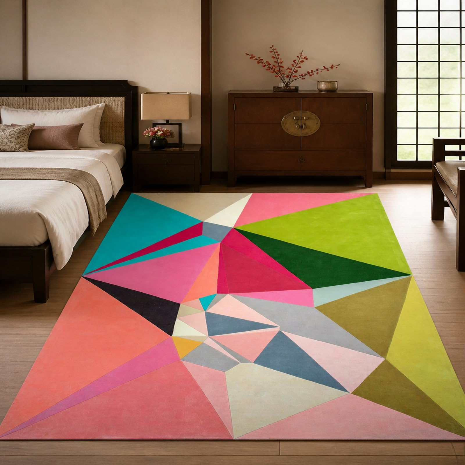 Tapis abstrait moderne vert et rose 200x300 cm pour grand salon