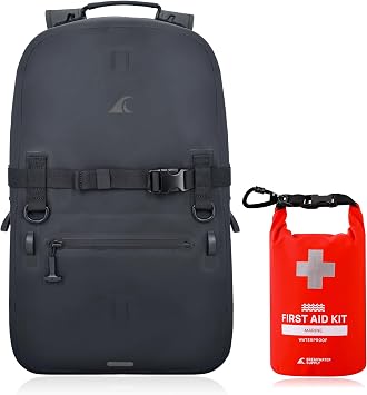 Breakwater Supply Waterproof Preparedness Pack, IP68 Submersible Airtight Backpack and Waterproof Marine First Aid Kit for Boating, Fishing, Kayaking Fogland 25L Stealth Black